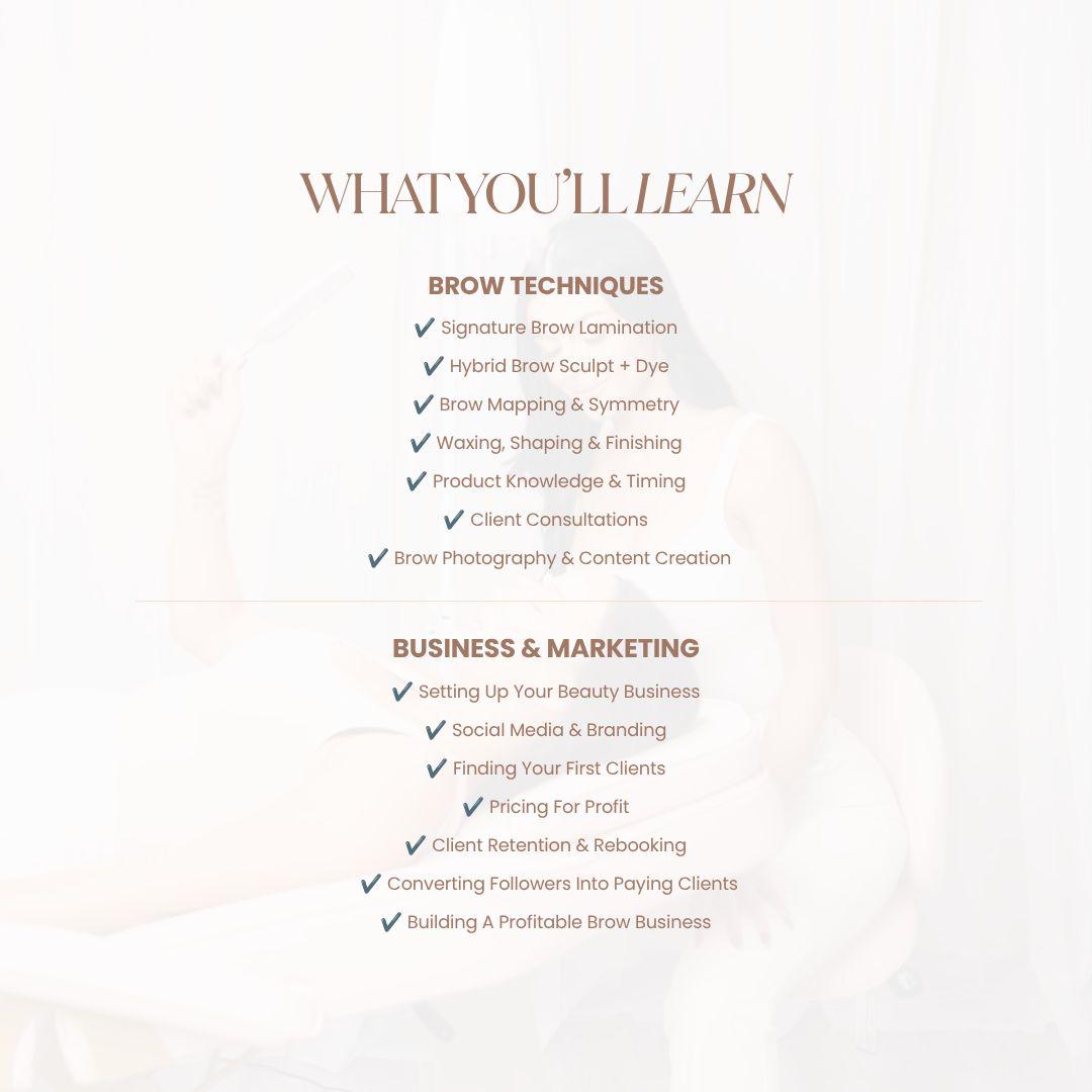 Online Brow Mastery Master Signature Lamination, Hybrid Dye, Waxing & Mapping, plus the business and social media strategies I used to build a fully booked brow business.